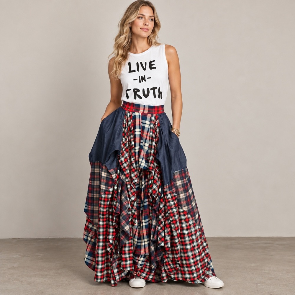 Kosmios Plaid Patchwork ruched Damsel Maxi Skirt S Red Blue New Boho Tiered